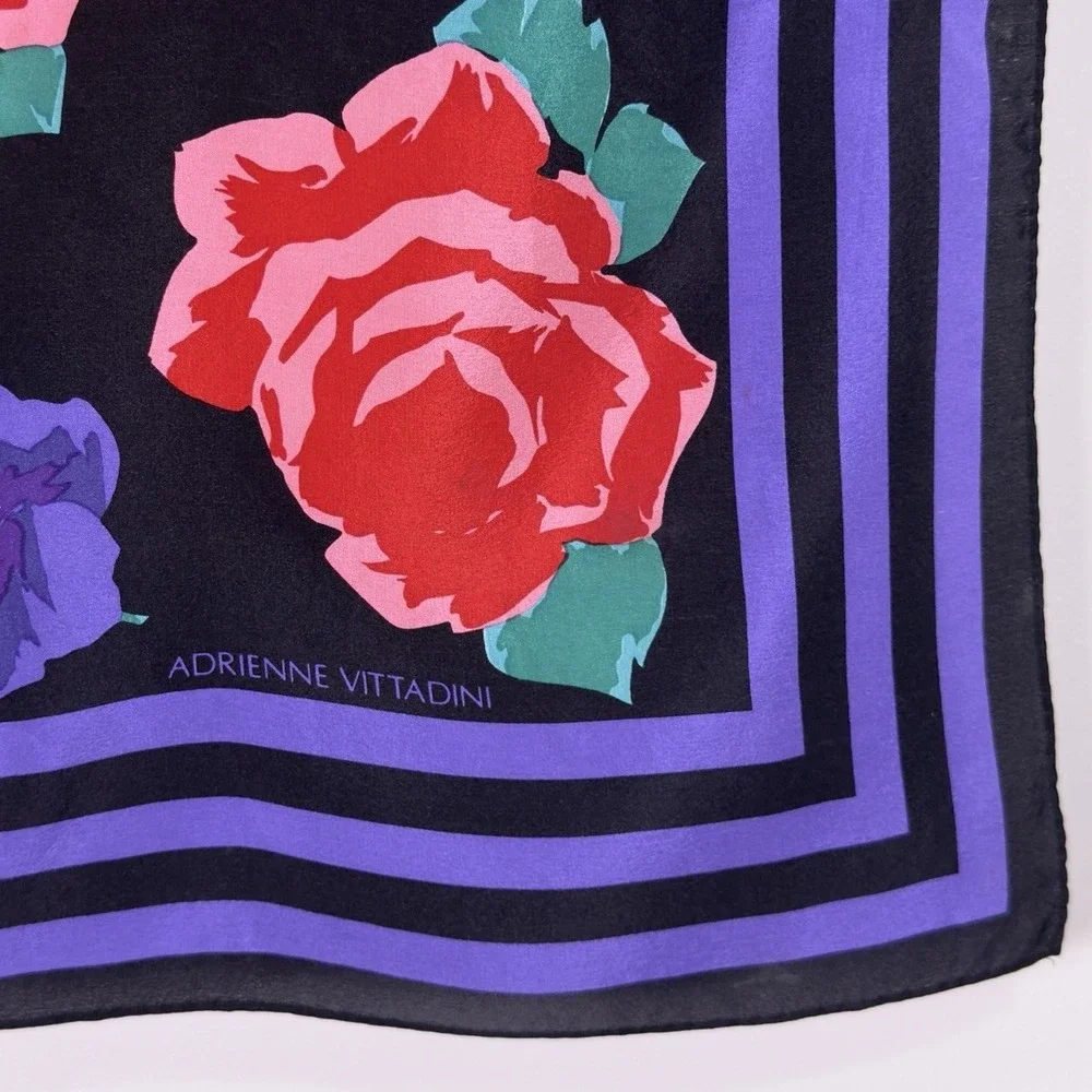 Vtg Adrienne Vittadini Scarf Vivid Colors Roses & Violets Red Black Purple 32